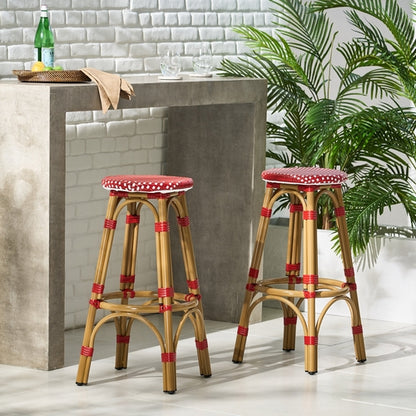 Set of 2 French Bistro Outdoor Bar Stools – Red Wicker & Aluminum Counter Chairs, Weather-Resistant, Rust-Proof Frame