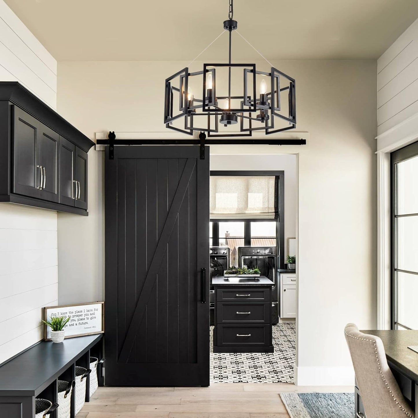 Industrial Style Chandelier, with Matt Black Finish Geometric Shade