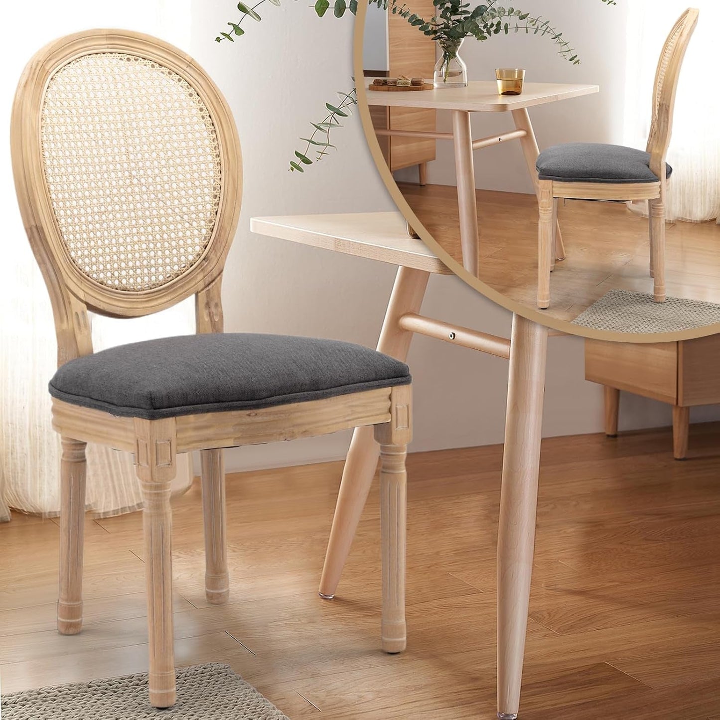 Rattan Back Upholstered Dining Chairs Set of 6 French Country Oval