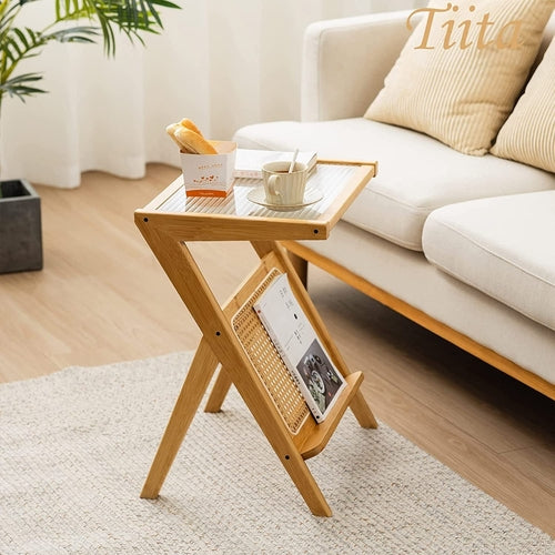 Boho Rattan Bedside Table with Storage, Glass Top