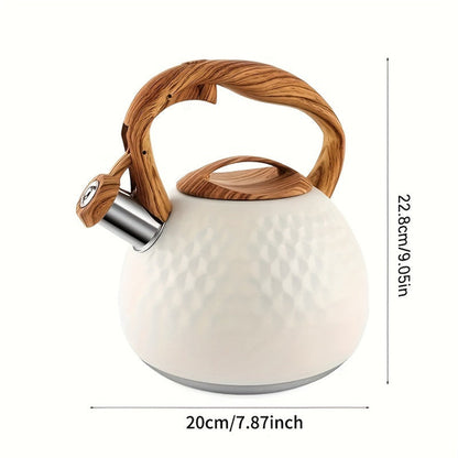 3L Stainless Steel Whistling Kettle - Creamy White with Wood Grain