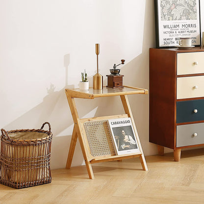 Boho Rattan Bedside Table with Storage, Glass Top