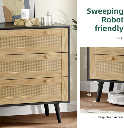 3 Drawer Rattan Dresser for Bedroom, Modern Wooden Dresser Chest with