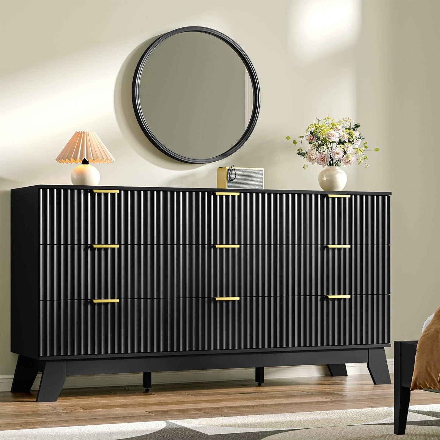 Fluted Dresser for Bedroom with 9 Drawers, 57" Black Dresser & Chest