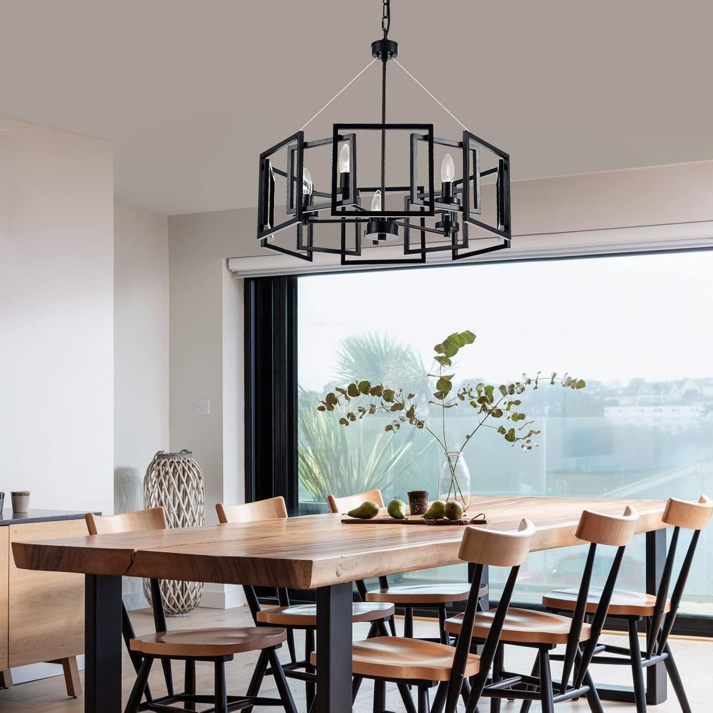 Industrial Style Chandelier, with Matt Black Finish Geometric Shade