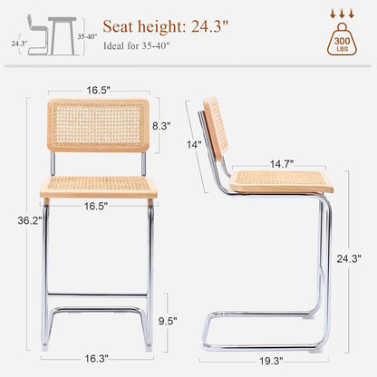 Rattan Bar Stools Set of 4, 24 Inch Modern Counter Stools with Cane