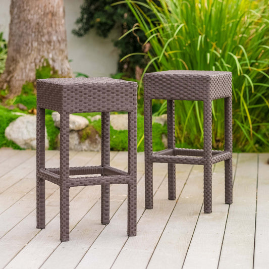 Outdoor PE Rattan Backless Barstools, Set of 2, Dark Brown