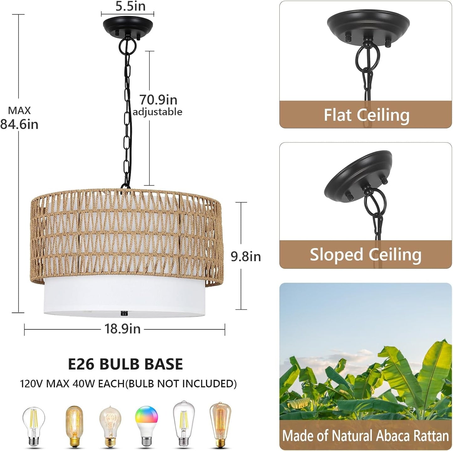 Farmhouse Chandeliers for Dining Room,5-Light Rattan Boho Chandelier