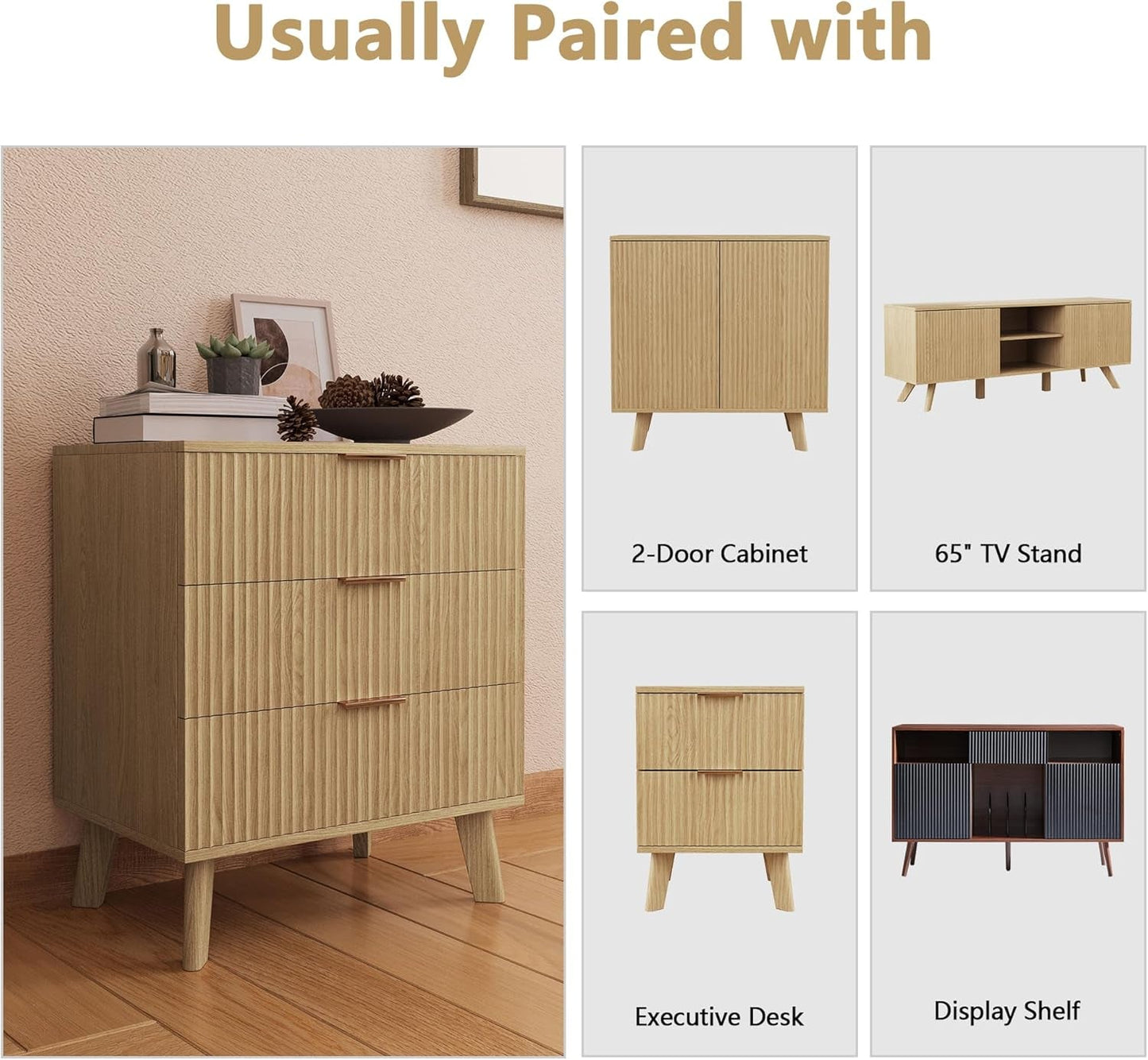 Fluted 3 Drawer Dressers, Modern Closet Dressers Chest of Drawers,