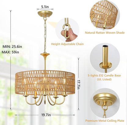 Gold Chandelier Light Fixtures, 5-Light Large Boho Rattan Pendant