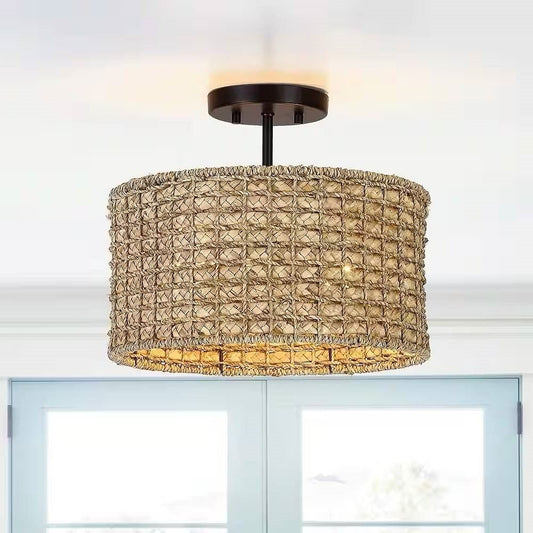 Bohemian 13.6-inch Round Rattan Drum 2-Light Ceiling Light -