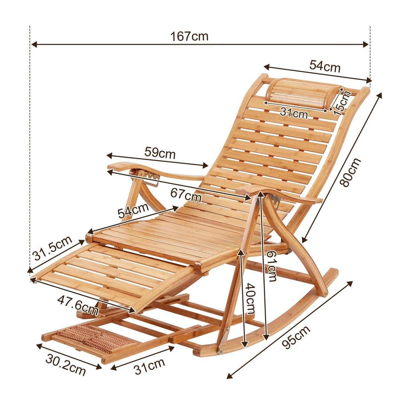 Heavy Duty Bamboo Rocking Chair Adjustable Lounge Recliner Leisure