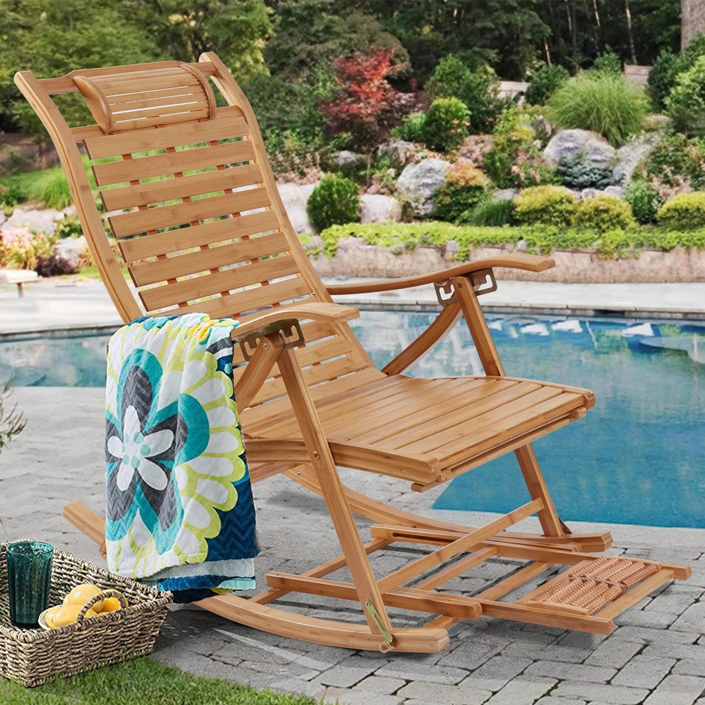 Heavy Duty Bamboo Rocking Chair Adjustable Lounge Recliner Leisure