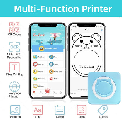 Mini Printer Portable Thermal Stickers Paper Inkless Bluetooth