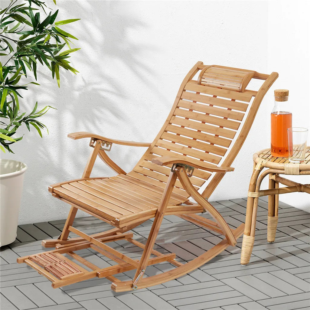 Heavy Duty Bamboo Rocking Chair Adjustable Lounge Recliner Leisure