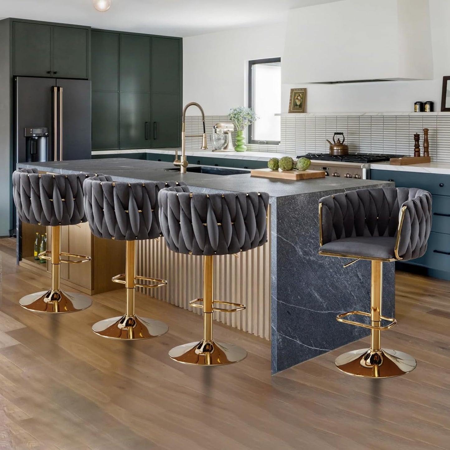 Velvet Luxury Barstools Set of 4, Swivel Adjustable Bar Height Stools