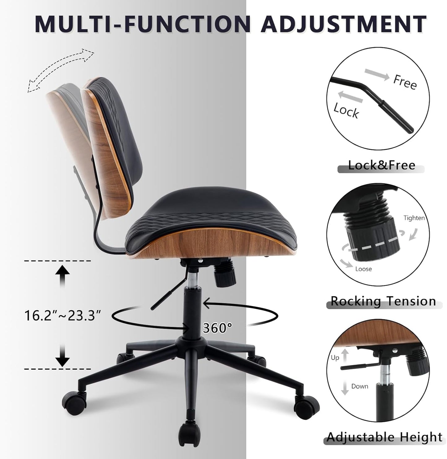 Home Office Chair No Arms with Wheels, Adjustable Height Small Desk