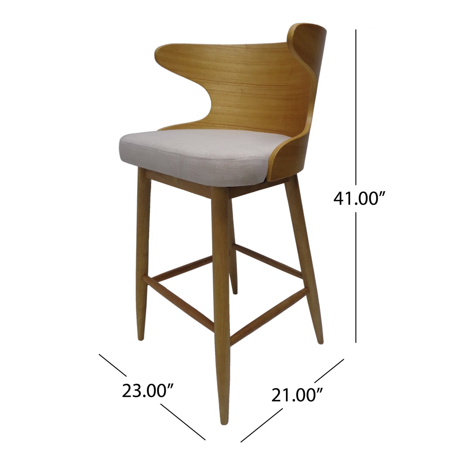 Set of 2 Mid-Century Modern Upholstered Barstools – Light Beige Fabric with Rubberwood Legs