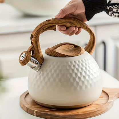 3L Stainless Steel Whistling Kettle - Creamy White with Wood Grain