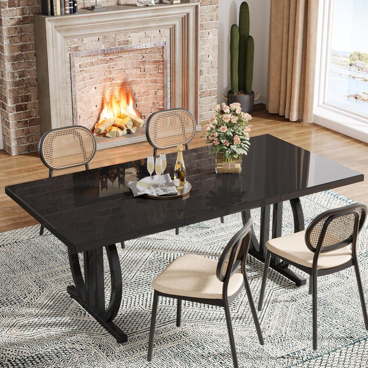 Black Dining Table for 4 to 6 People, 63-Inch Rectangular Dining Room