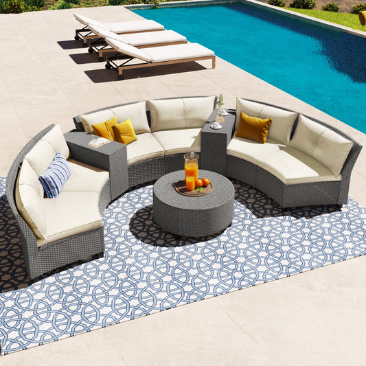 6 - Person Fan-shaped Rattan Suit Combination with Cushions and