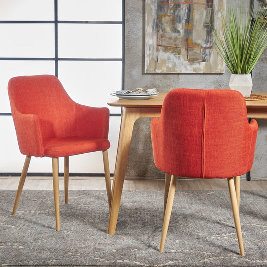 Set of 2 Mid-Century Modern Arm Dining Chairs – Muted Orange Upholstery with Walnut Finish Legs