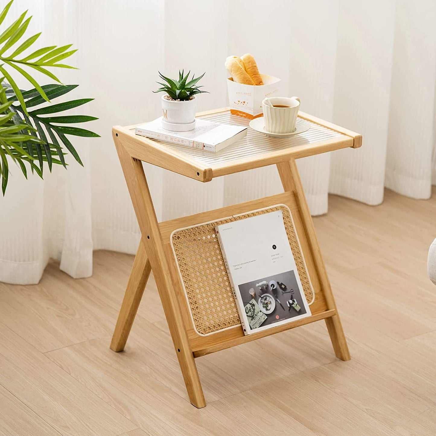 Boho Rattan Bedside Table with Storage, Glass Top