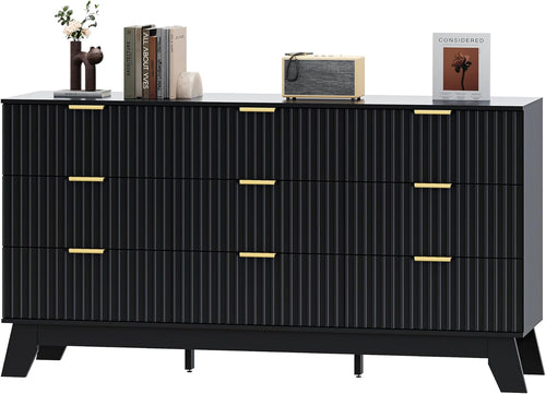 Fluted Dresser for Bedroom with 9 Drawers, 57" Black Dresser & Chest