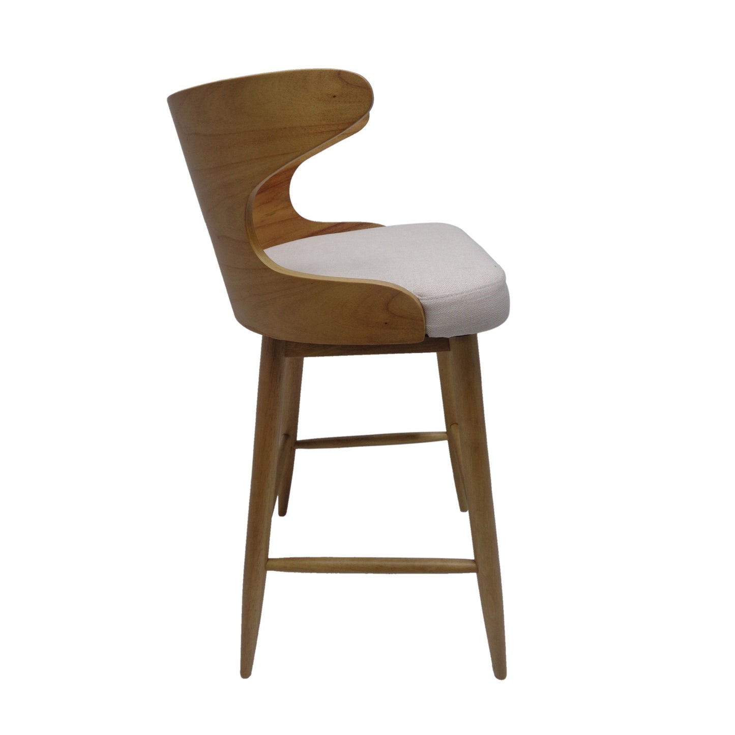 Set of 2 Mid-Century Modern Upholstered Barstools – Light Beige Fabric with Rubberwood Legs