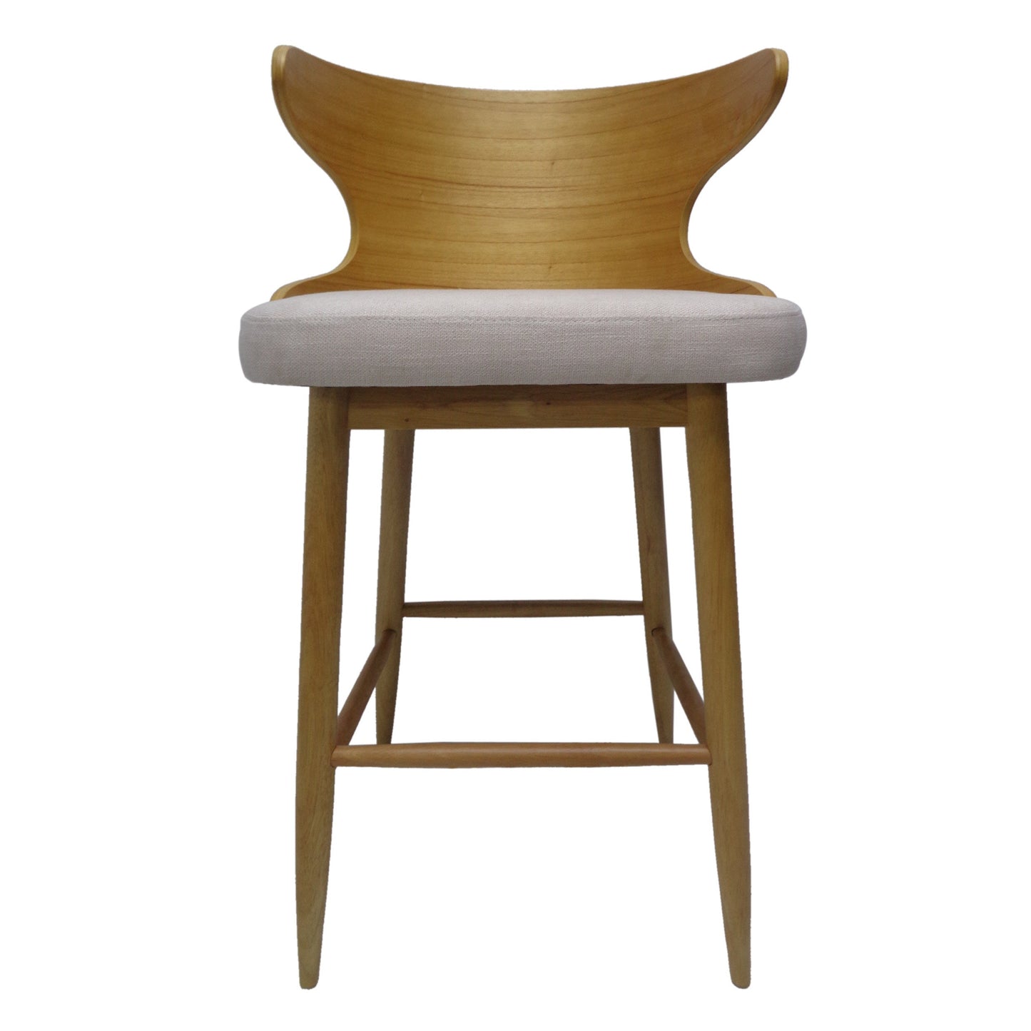 Set of 2 Mid-Century Modern Upholstered Barstools – Light Beige Fabric with Rubberwood Legs