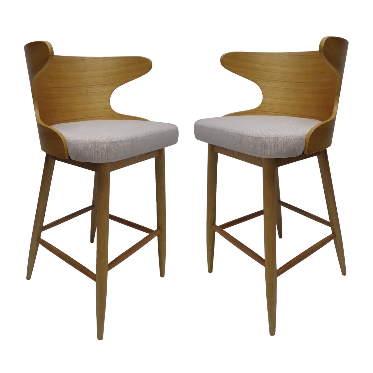 Set of 2 Mid-Century Modern Upholstered Barstools – Light Beige Fabric with Rubberwood Legs