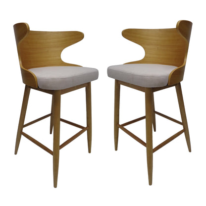 Set of 2 Mid-Century Modern Upholstered Barstools – Light Beige Fabric with Rubberwood Legs