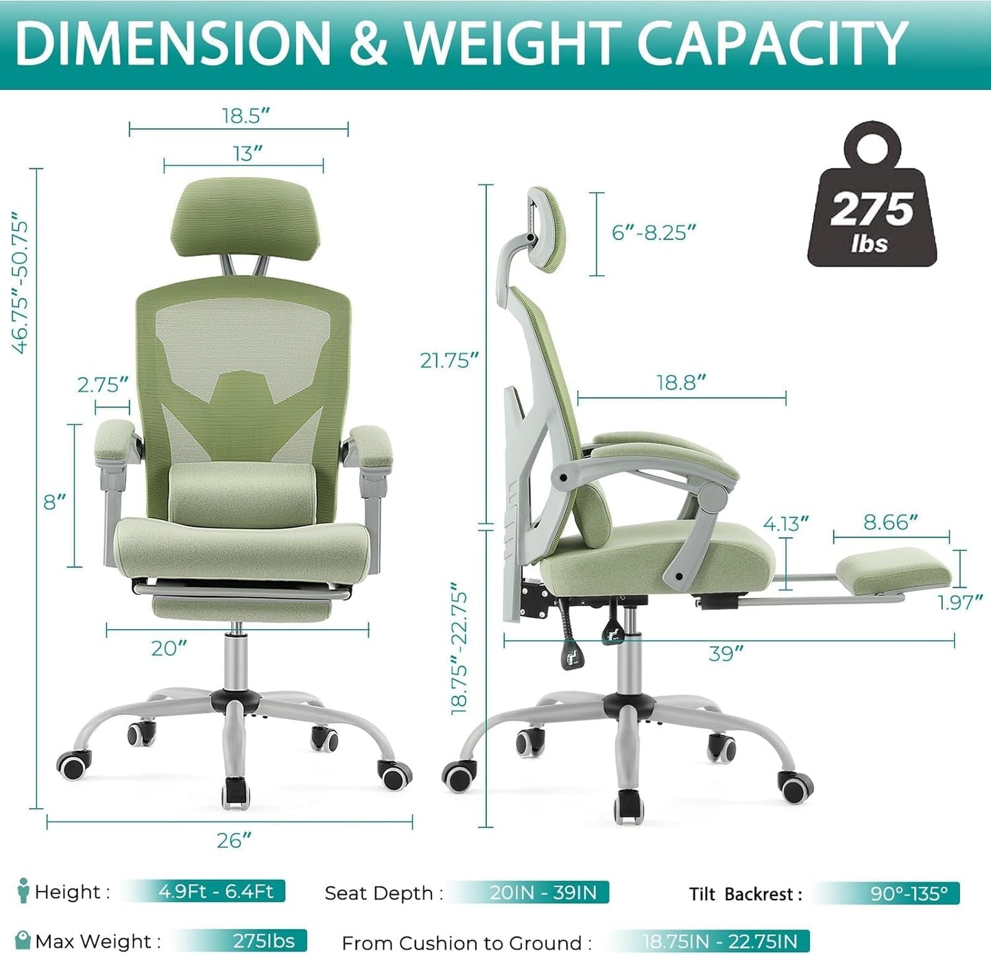 Home Office Desk Chair with Footrest, High-Back Mesh Rolling Swivel