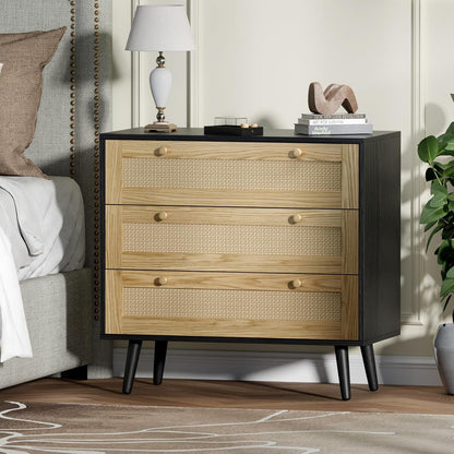 3 Drawer Rattan Dresser for Bedroom, Modern Wooden Dresser Chest with