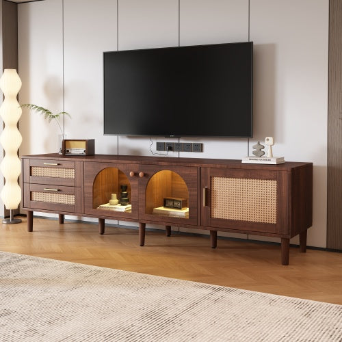 Rattan TV Stand With 3 Cabinets 2 Drawers, Rattan-inspired Media