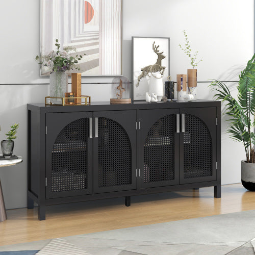 Large Storage Sideboard With Faux Rattan Doors And Metal Handles For