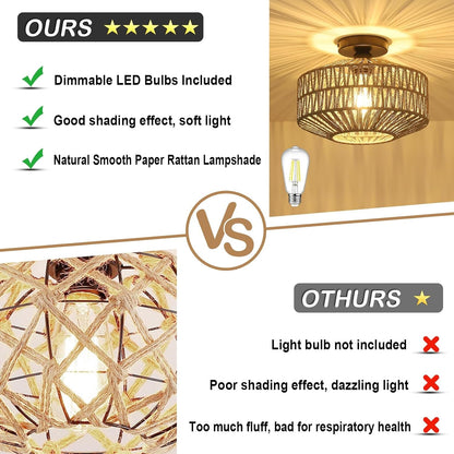 Boho Light Fixtures Ceiling Mount，Rattan Ceiling Light Fixture with