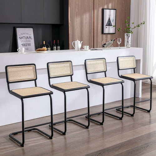 Rattan Bar Stools Set of 4, 24 Inch Modern Counter Stools with Cane