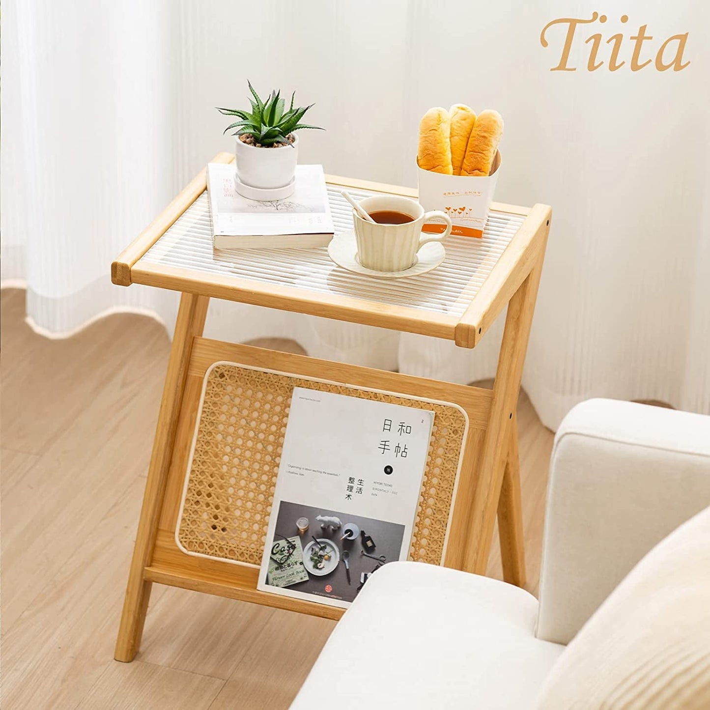 Boho Rattan Bedside Table with Storage, Glass Top