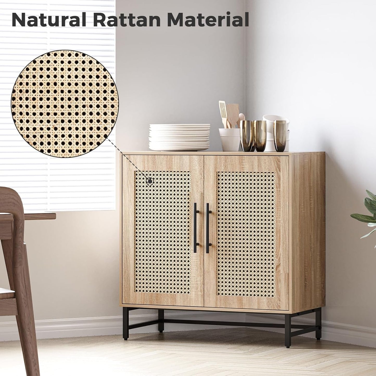 Storage Cabinet with Handmade Natural Rattan Doors, Rattan Buffet