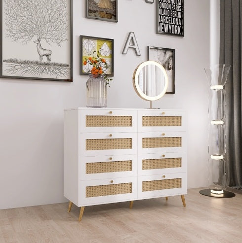 White Color 8 Drawers Chest Of Drawers With Rattan Drawer Face Golden