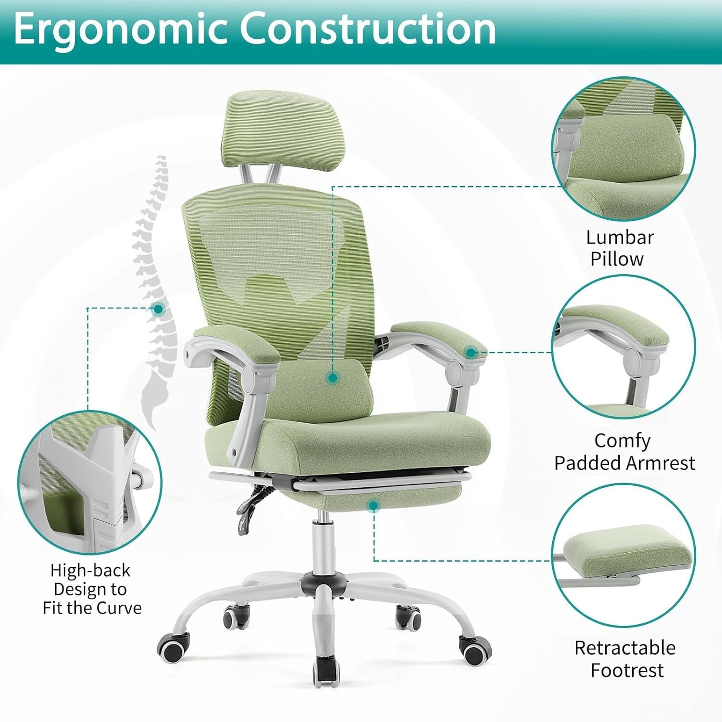 Home Office Desk Chair with Footrest, High-Back Mesh Rolling Swivel