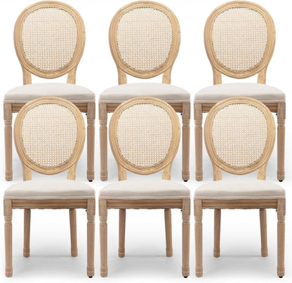 Rattan Back Upholstered Dining Chairs Set of 6 French Country Oval