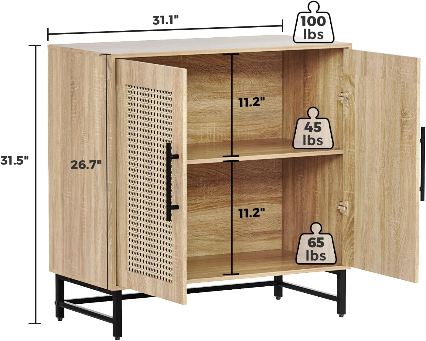 Storage Cabinet with Handmade Natural Rattan Doors, Rattan Buffet