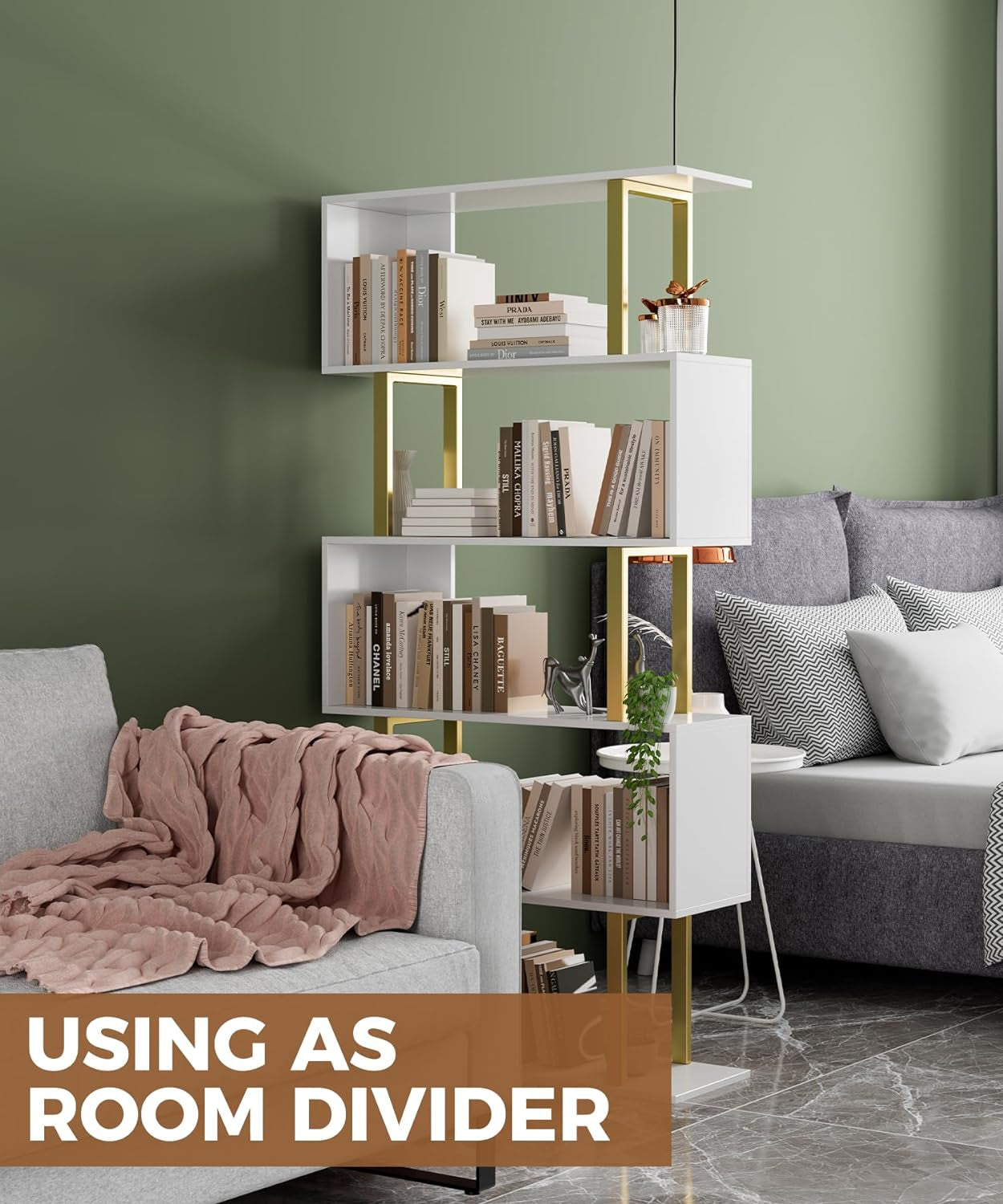 5 Tier Geometric Bookcase,S Shaped Bookshelf, Wood Decorative Storage