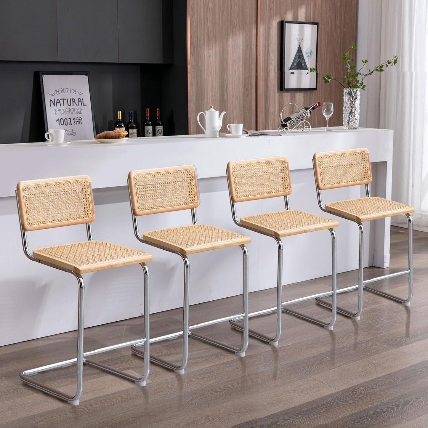 Rattan Bar Stools Set of 4, 24 Inch Modern Counter Stools with Cane