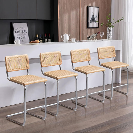 Rattan Bar Stools Set of 4, 24 Inch Modern Counter Stools with Cane