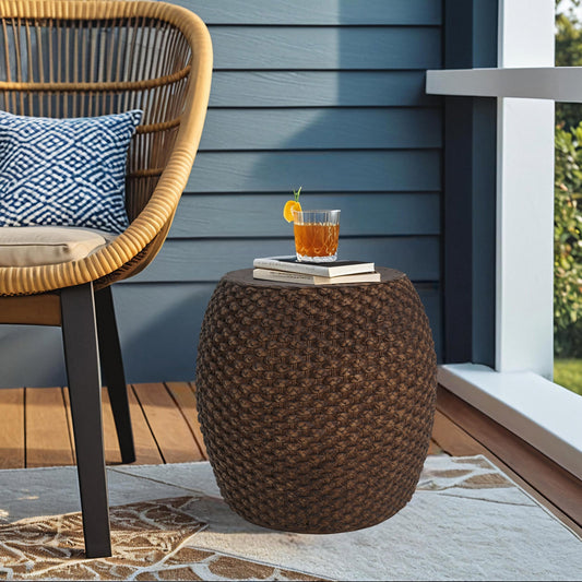 Brown Faux Rattan Magnesium Oxide Side Table – 16.5" Handcrafted Indoor & Outdoor Accent Table