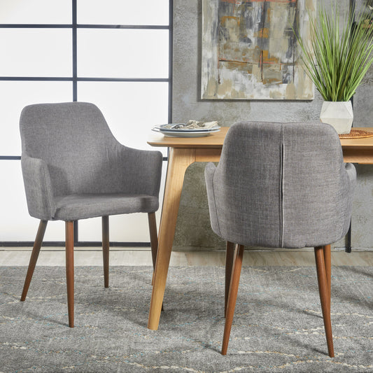 Set of 2 Light Grey Fabric Dining Chairs – Upholstered Polyester Seats with Walnut Finish Metal Legs